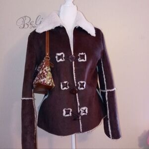 Unique Vintage Dark Brown Teddy Jacket with White Trim